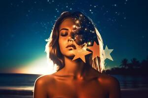 Summer Themed Double Exposure Moonlit Bikini Portrait photo