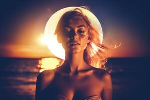 Summer Themed Double Exposure Moonlit  Bikini Portrait Generative AI photo