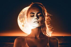 Summer Themed Double Exposure Moonlit  Bikini Portrait Generative AI photo