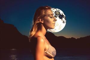 Summer Themed Double Exposure Moonlit Bikini Portrait photo