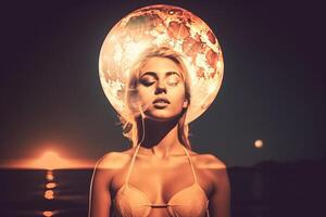 Summer Themed Double Exposure Moonlit  Bikini Portrait Generative AI photo