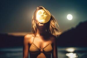 Summer Themed Double Exposure Moonlit  Bikini Portrait Generative AI photo