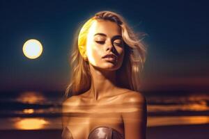 Summer Themed Double Exposure Moonlit Bikini Portrait photo