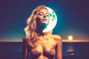 Summer Themed Double Exposure Moonlit  Bikini Portrait Generative AI photo