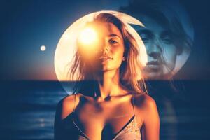 Summer Themed Double Exposure Moonlit  Bikini Portrait Generative AI photo