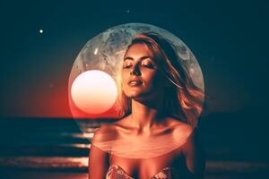 Summer Themed Double Exposure Moonlit Bikini Portrait photo