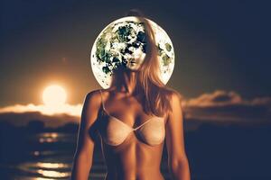 verano temática doble exposición de luna bikini retrato generativo ai foto