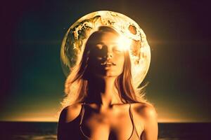 Summer Themed Double Exposure Moonlit  Bikini Portrait Generative AI photo