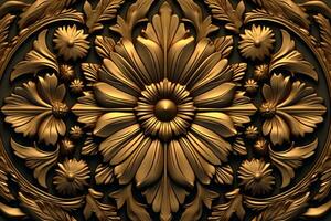 3d representación de un florido oro floral diseño en un negro antecedentes generativo ai foto