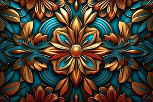 3d rendering of an ornate floral pattern on a dark blue background generative AI photo