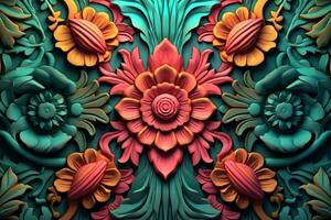 3d rendering of an ornate floral pattern on a blue background generative AI photo