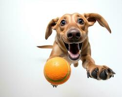 un perro es participación un naranja pelota en sus boca generativo ai foto