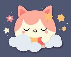 a cute pink cat sleeping on a cloud with stars generative AI photo