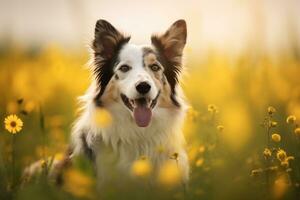 a dog sitting in a field of yellow flowers generative AI photo