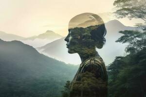 a double exposure of a woman standing in front of a mountain with trees in the background generative AI photo