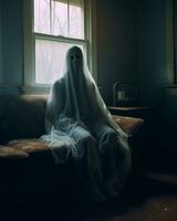 un fantasma sentado en un sofá en un oscuro habitación generativo ai foto