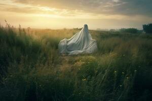 a ghost standing in the middle of a field at sunset generative AI photo