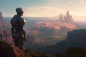 a futuristic robot stands on top of a mountain overlooking a valley generative AI photo