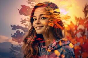 a girl is smiling in front of autumn leaves generative AI photo