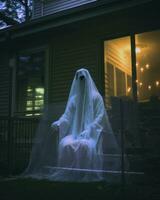 a ghost sitting on a chair in front of a house generative AI photo