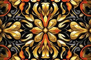 a gold and black floral pattern on a black background generative AI photo