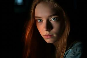 a girl with long red hair and green eyes generative AI photo
