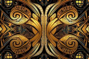 a gold and black butterfly design on a black background generative AI photo
