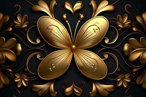 a golden butterfly on a black background generative AI photo