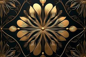 a golden floral pattern on a black background generative AI photo