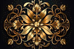 a golden floral design on a black background generative AI photo