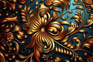 a golden floral pattern on a dark blue background generative AI photo