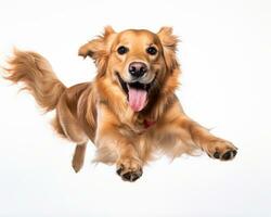 a golden retriever dog is jumping in the air generative AI photo