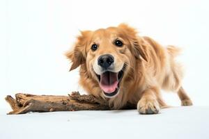 un dorado perdiguero perro es jugando con un pedazo de madera generativo ai foto