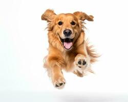 a golden retriever is jumping in the air generative AI photo