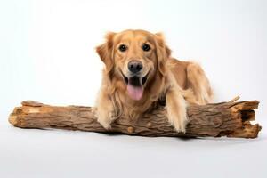 a golden retriever is sitting on top of a log generative AI photo