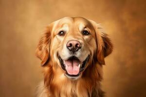 a golden retriever is smiling in front of a brown background generative AI photo