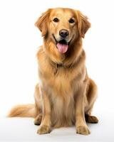 a golden retriever sitting in front of a white background generative AI photo