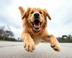 a golden retriever running with a tennis ball in its mouth generative AI photo