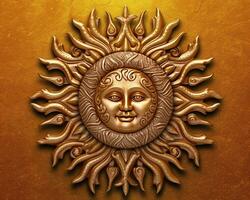 a golden sun with a face on it on a brown background generative AI photo