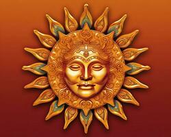 a golden sun face on an orange background generative AI photo
