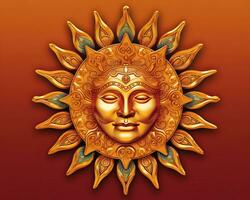 a golden sun face on an orange background generative AI photo