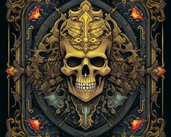 a golden skull with ornate decorations on a black background generative AI photo