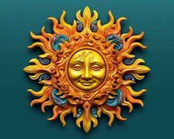 a golden sun with a smiling face on a blue background generative AI photo