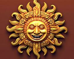 a golden sun with a smiling face on a red background generative AI photo