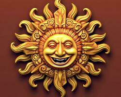 a golden sun with a smiling face on a red background generative AI photo