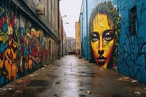 a graffiti covered alleyway with a womans face painted on the wall generative AI photo