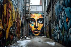 un pintada cubierto callejón con un mujeres cara pintado en el pared generativo ai foto