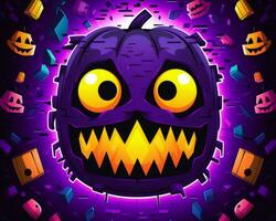 a halloween pumpkin with big eyes and teeth on a purple background generative AI photo