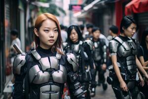 a group of women dressed in armor walking down a street generative AI photo