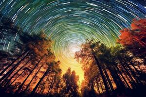 un largo exposición foto de un estrella sendero en un bosque generativo ai